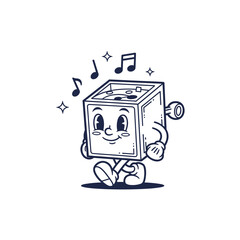 Fototapeta premium Happy Music Box Character Walking with Music Notes and Stars Vector Illustration