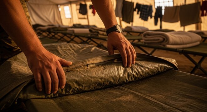 Preparing bedding in temporary shelter for displaced individuals during crisis. Bedding setup includes neatly arranged mattresses and linens for comfort in emergency locations.