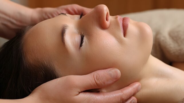 face therapy on a woman. Professional therapist performing craniosacral therapy on a woman. Holistic healing treatment in a calm spa clinic. Gentle hands providing physical wellness relief.