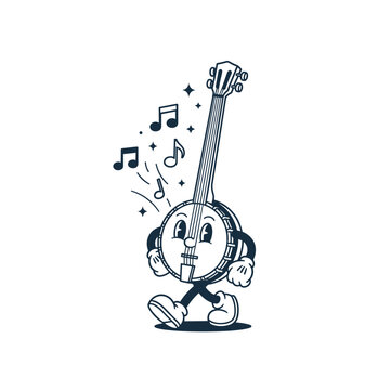 Happy Banjo Cartoon Character Walking with Music Notes, Retro Style Bluegrass Instrument Vector Illustration