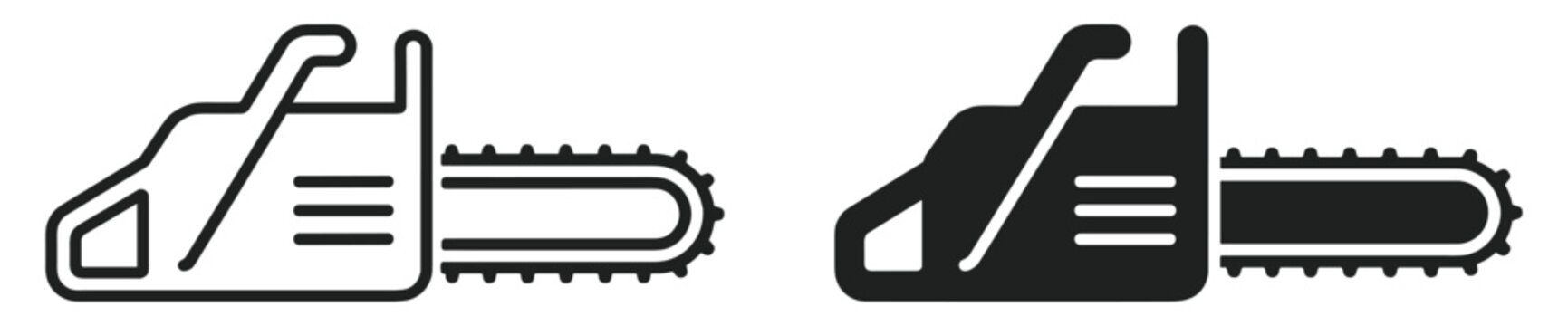 chainsaw icon for wood cutting and forestry work, outline and silhouette vector illustration isolated on transparent background
