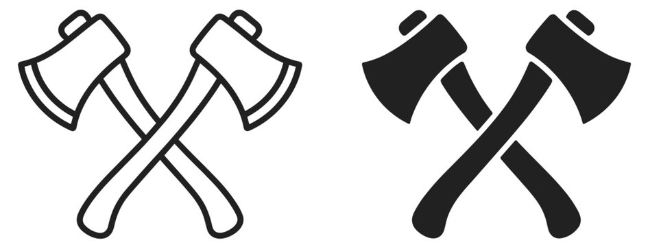 crossed axes icon for logging and wood cutting, outline and silhouette vector illustration isolated on transparent background