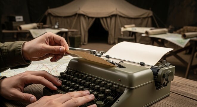 Vintage typewriter in military tent during conflict with handwritten letter on page. Historical typewriter captures essence of wartime communication and documentation, perfect for war-themed projects,