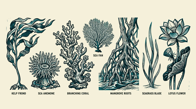 Woodblock Print Set: Teal Sea Life Elements, Coral, Kelp, Mangrove, and Lotus Flower