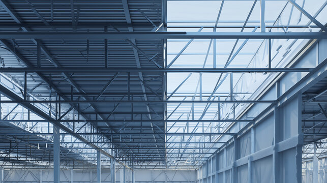 Modern steel frame structure with roof trusses in industrial building, realistic construction architecture scene with exposed metal beams, structural engineering and spacious facto