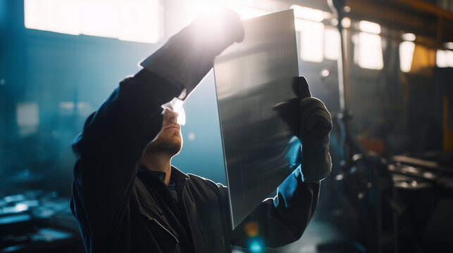 Industrial worker inspecting sheet metal panel in manufacturing workshop, realistic factory quality control scene with protective gloves, metal fabrication process, dramatic backli