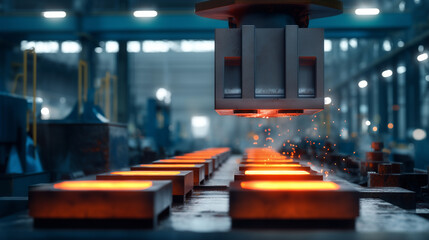 Obraz premium Automated industrial forging press shaping hot metal blocks on production line, realistic heavy manufacturing scene with glowing steel, sparks, machinery and modern metallurgy work