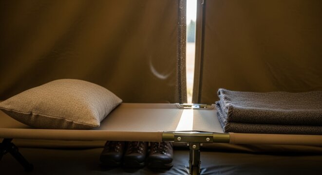 Military tent interior featuring cot, pillow, and blankets with shoes placed nearby. This military setting provides a sense of temporary shelter and comfort, suitable for various wartime needs.