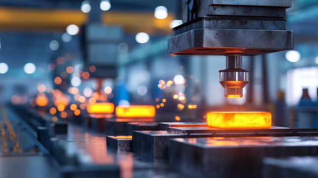 Automated industrial forging press shaping hot metal blocks on production line, realistic heavy manufacturing scene with glowing steel, sparks, machinery and modern metallurgy work