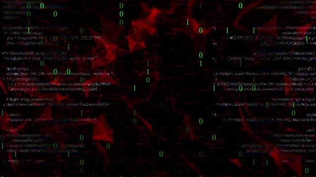 Dark futuristic digital background featuring glowing red plexus geometric networks and green binary code digits. Snippets of computer programming script overlay a moody black space, perfect for cyber 