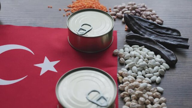 Legumes and Canned Foods on Turkish Flag Representing Food Prices