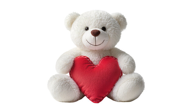 Fluffy white Teddy Bear holding a plush red Heart