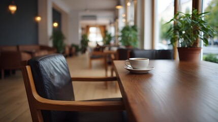 Fototapeta premium A cozy minimalist cafe scene featuring a wooden table set with a cup of coffee amidst lush indoor plants