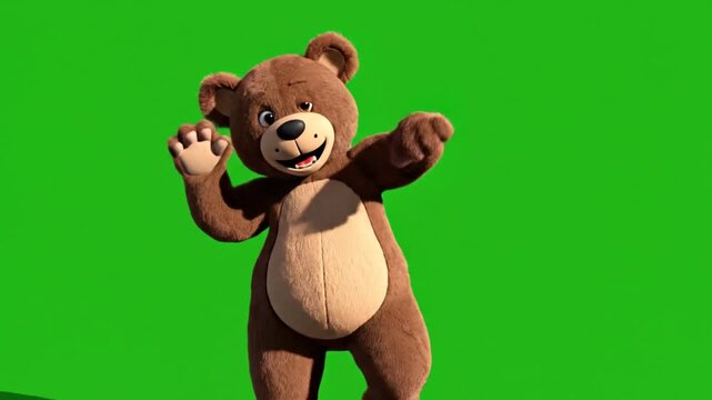 A brown teddy bear enthusiastically dances on green screen background