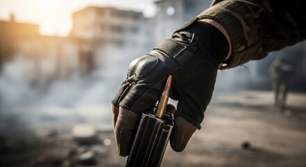 Obraz premium Soldier holding a bullet in tactical glove with urban backdrop. The soldier grips the bullet tightly, showcasing readiness amidst a smoky environment.