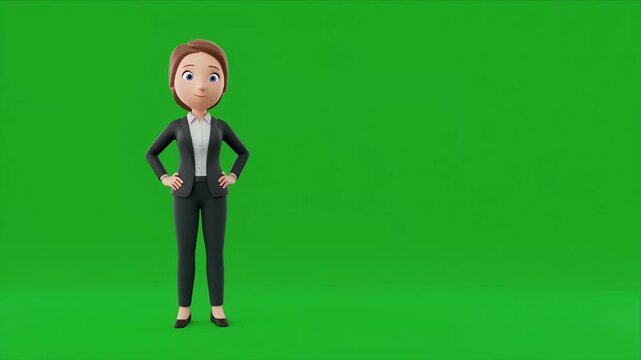 Animated businesswoman presenter stands confidently against green screen.