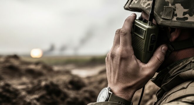 Soldier communicating with vintage radio in military gear during tense war scenario. Soldier in camouflage uniform holds communication device while capturing battlefield atmosphere.