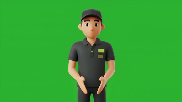 Animated character cartoon man performing moves on green screen.