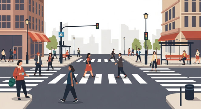 People crossing a busy city street at a crosswalk.
