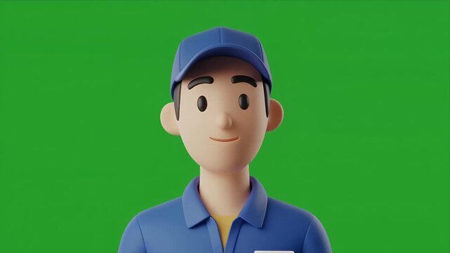 Animated delivery worker character on green screen.