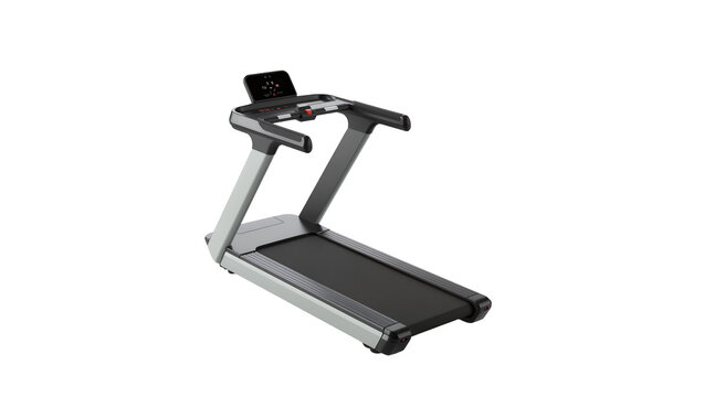 Modern gray treadmill with digital display and black running belt