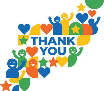 Thank you text features colorful stylized human figures and heart shapes to express gratitude in a vibrant graphic design composition.
