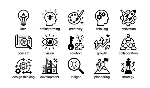 Idea and innovation icons arranged with labels on white background