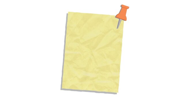 Textured yellow post it note with deep creases and a realistic orange pin centered against a clean white backdrop surface.