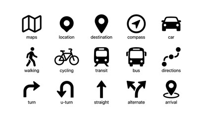 Fototapeta premium Navigation and transport icons arranged in grid on white background