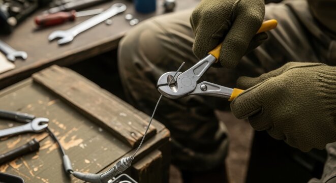 Craftsman working with pliers to cut wire among various tools on workbench. Craftsman uses pliers for effective metalworking and repair tasks, focusing on precision in craftsmanship.
