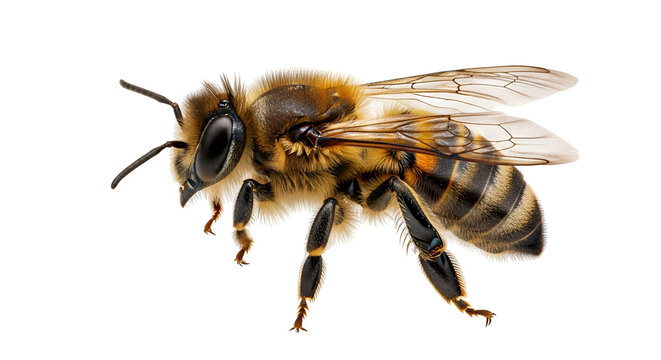 Macro detailed studio shot of a fuzzy European honey bee with wings spread standing out against a stark black backdrop