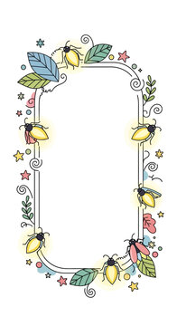 Whimsical Hand-Drawn Frame Adorned with Colorful Fireflies and Floral Elements.