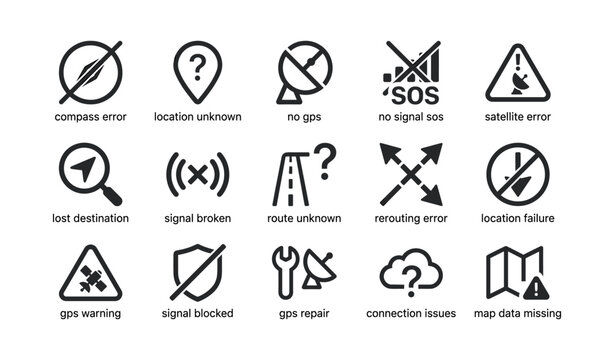 Gps and navigation error icons on white background grid