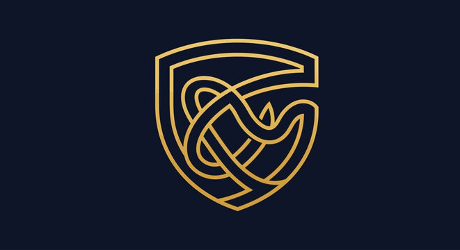 Elegant golden shield emblem with intricate knot design on a dark background, classic luxury abstract vector graphic.