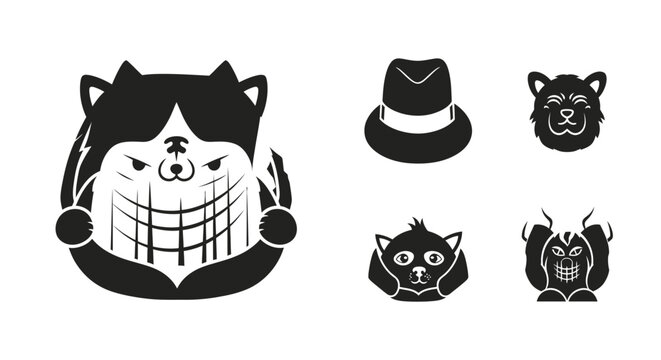 Black and white vector icon set featuring a mischievous cat, a fedora hat, an angry dog head, a surprised animal, and a monster.