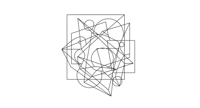 Abstract geometric line art composition with complex overlapping shapes and minimalist design on a clean white background.