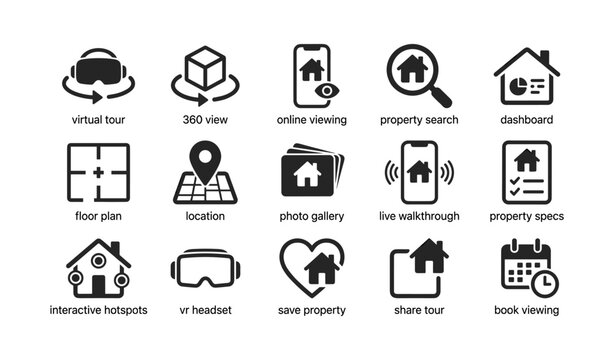 Real estate icons representing virtual tours and property tools