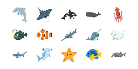 Cute Cartoon Sea Animal Icon Set © Alicia