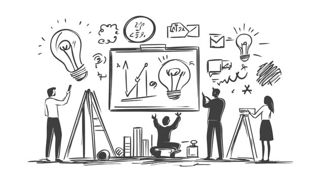 Black and white illustration depicting brainstorming, ideas, and a team working together