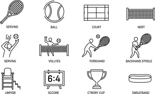 Tennis sport icons showing equipment and actions on court Keywords: serving, ball, court, nert, vollyes, forkhand, backhand strokle