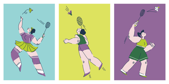 Posters with girls playing badminton in a soft pastel palette, turquoise, lemon, lavender, healthy hobbies, outdoor games