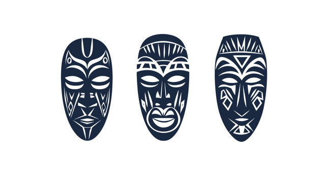 Three stylized, dark blue tribal masks with intricate white decorative details on white background