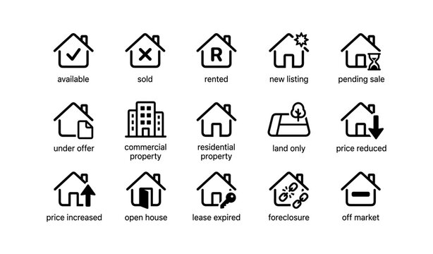 Real estate status icons displayed in a grid on white background