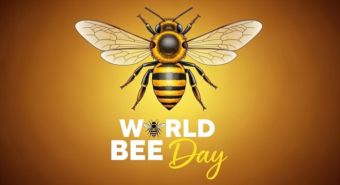 A vibrant vector illustration of a cartoon bee with delicate wings flying near floral honey on a bright yellow summer background