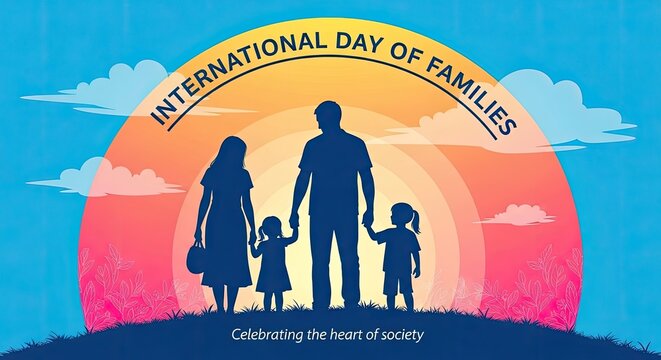 Vector illustration of a family of four including a woman, boy, and child representing a love concept team silhouette while together on the beach, the roof, and a rock home design