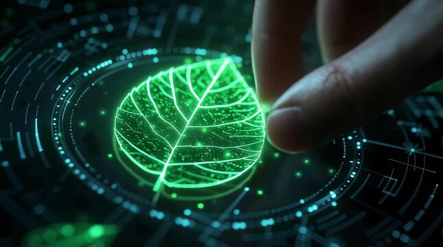 A person's finger touches a neon green digital sheet on a futuristic interface with holographic elements and data, representing the concept of green technology.	
