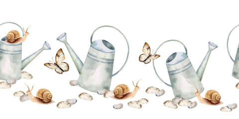 watercolor watering can, flying butterflies, brown snail, spotted garden stones, seamless gardening border, hand drawn sketch of nature garden life, summer, springtime Easter illustration decoration © TATIANA