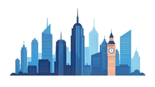 Blue Skyline Silhouette Featuring London Clock Tower and Modern Skyscrapers
