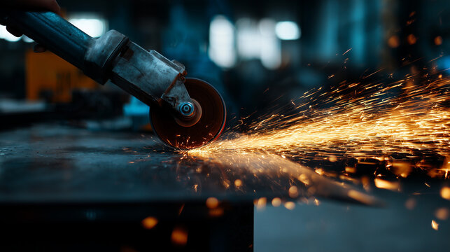 Angle grinder cutting metal with bright sparks flying in workshop, industrial manufacturing concept, power tool, steel processing, engineering, construction work, fabrication and h