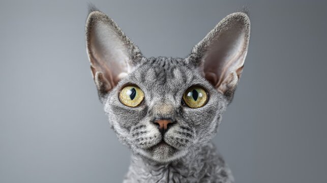 portrait of devon rex cat looks at camera on light grey background